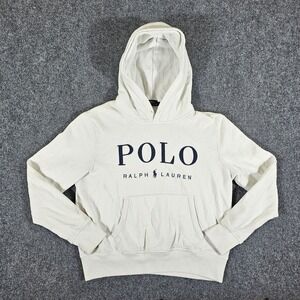 Polo Ralph Lauren Spellout Hoodie Sweatshirt Pullover Logo‎ White Youth L Flaw